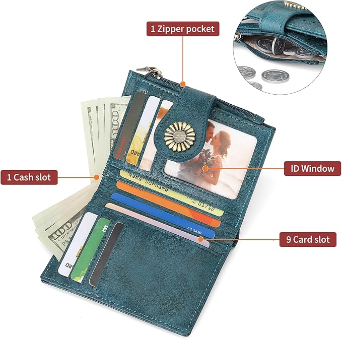 SENDEFN Small Wallets for Women Bifold RFID Blocking Leather Card Holder Compact Wallet with Zipper Coin Pocket