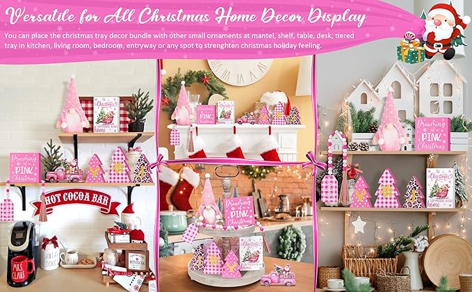 Pink Christmas Tiered Tray Decor 8 PCS Xmas Decorations Indoor - Believe Christmas Wooden Signs & Pink Xmas Gnome Plush Set - Table Decor Tier for Home Kitchen Mantel