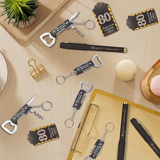 25sets 80th Birthday Party Favors for Guests Including Pens Bottle Opener Keychains Bulk Thank You Cards with Organza Gift Bags for Birthday Anniversary Souvenirs, Cheers to 80 Years