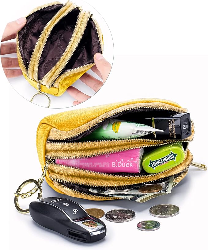 LINNO 3 Zippered Genuine Leather Coin Purse Triple Capacity Change Pouch Little Travel Wallet With Key Ring for Women