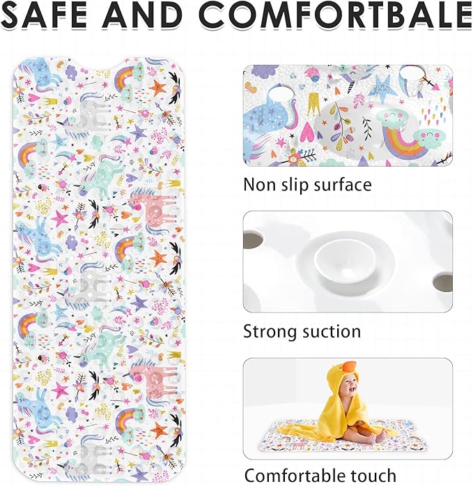 Baby Bath Mat for Tub for Kids, Rainbow Cute Horse Unicorn 40 X 16 Inch Extra Long Toddler Bathtub Non Slip Sweet Happy Shower Mat for Tub Anti Slip with Suction Cups and Drain Holes