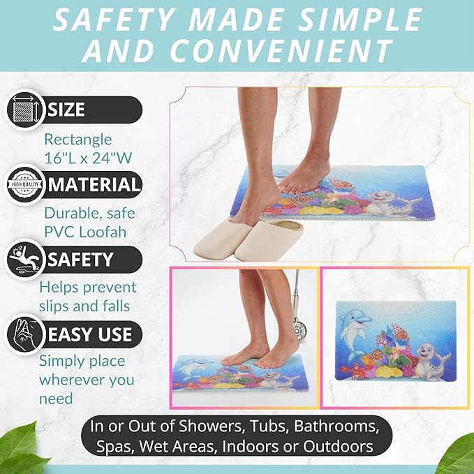 ENKOSI Loofah Non-Slip Shower and Bath Mat - Soft Cushioned Comfort - No Suction Cups for Smooth or Textured Tubs - Fast Draining - Safety for Bathroom, Family, Kids, and Elderly (24x16 Dolphin)
