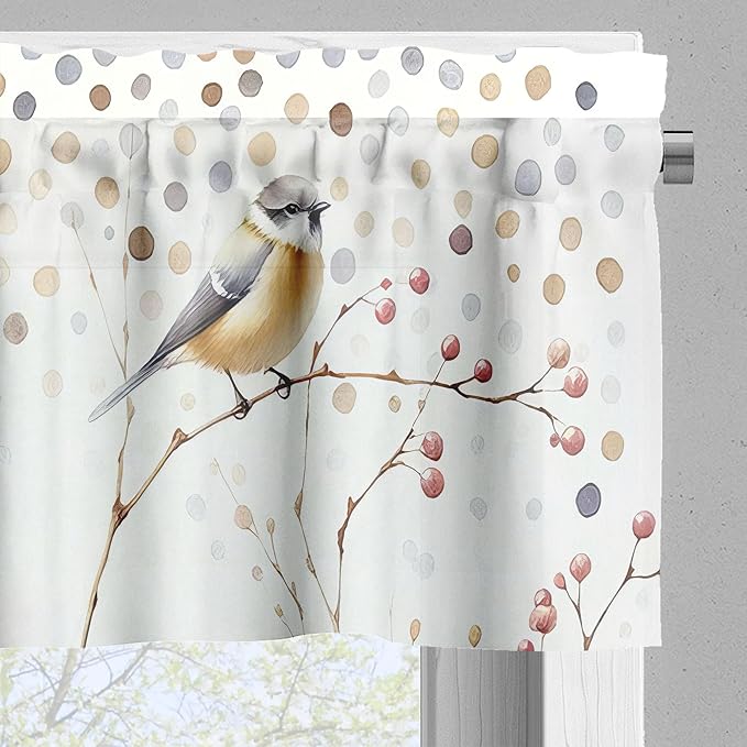 Ambesonne Bird Print Valance & Tier Curtain 3 pcs Set, Watercolor Style Polka Dots and Animals on Leafless Fall Branches, Window Treatments for Kitchen Room Decor, 55" x 24", Pastel Brown Purpleblue