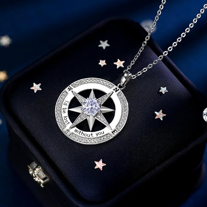 S925 Necklace Birthstone Compass Gift for Women Jewelry Sterling Silver Necklace for Wife Wedding Anniversary Girlfriend Birthday Gifts for Her Valentines Day Mom Mothers Day