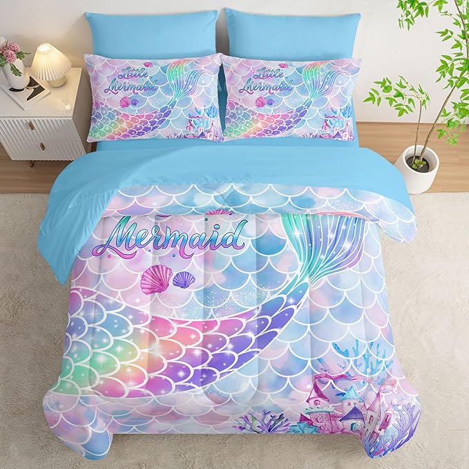 7Pcs Comforter Set Rainbow Mermaid Tail Printed Bedding Set with 1 Comforter, 1 Flat Sheet, 1 Fitted Sheet and 4 Pillowcases for Girls Bedroom All Season(Mermaid-3 Twin)