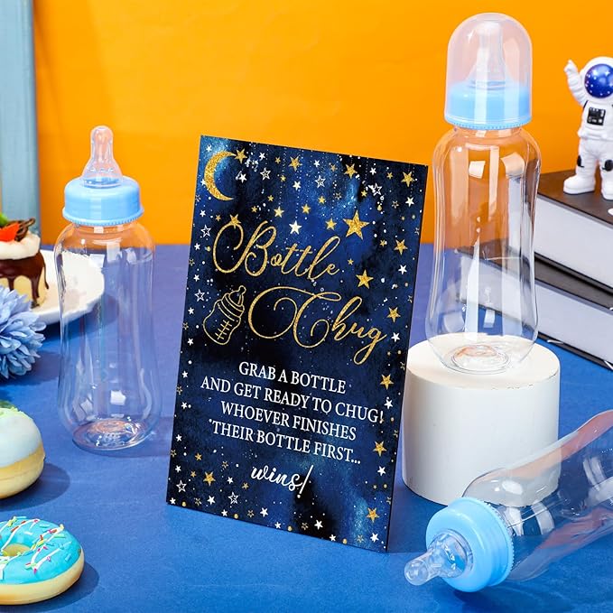TrelaCo Star Cool Baby Shower Games Bottle Chug Sign Wooden Twinkle Moon and Star Gift Sets Gender Reveal Party Favors and 12 Pcs Baby Bottle Shower Supplies for Gender Reveal Game