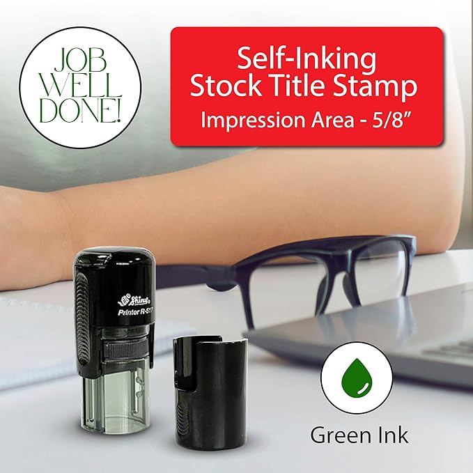 Shiny Job Well Done Teacher Stamp, Round Self Inking Stamp for Classroom, Green Ink