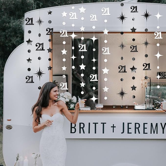 Silver Black 21st Birthday Decorations Number 21 Circle Dot Twinkle Star Garland Metallic Streamer Banner Backdrop for Girls Boys Cheers to 21 Years Finally Legal Bday 21st Anniversary Party Decor