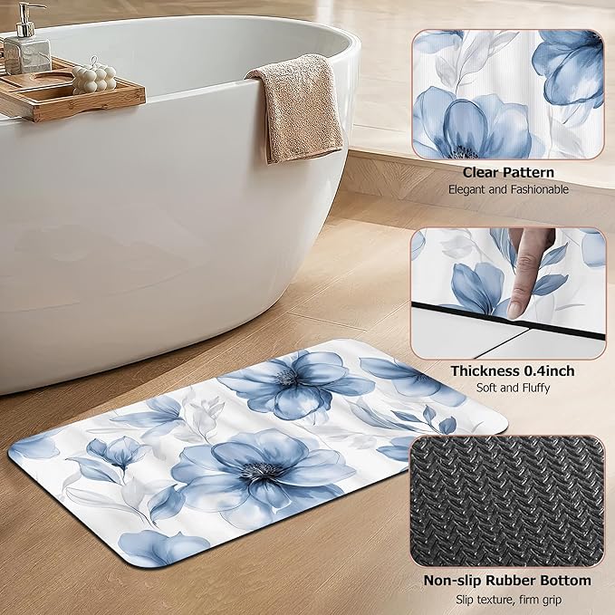 Bath Mat,Blue Gray Watercolor Floral Bathroom Rugs,Quick-Drying Non-Slip Rubber Bath Mats Absorbent Diatomaceous Earth Mat for Bathroom Home Decor 17"x29.5"
