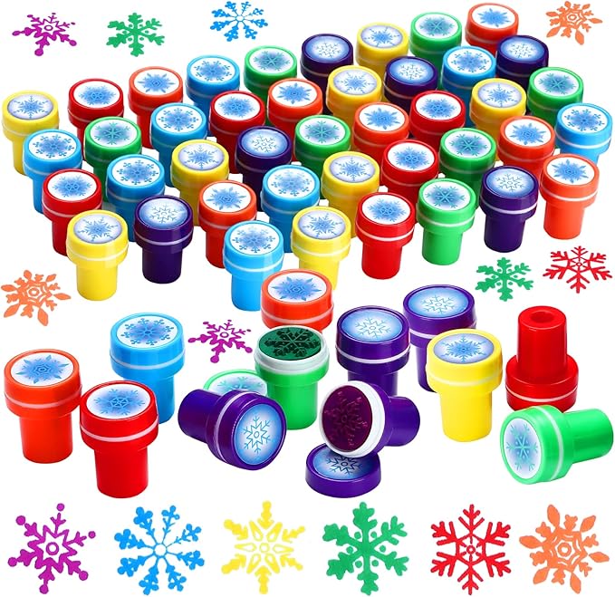 Skylety 60 Pieces Winter Snowflake Stamps for Kids Self Ink Assorted Plastic Snowflake Hand Stampers for Card Making Holiday Winter Wonderland Birthday Party Decorations Supplies(Multi Colors)