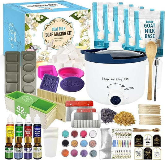 Goat Milk Soap Making Kit with Soap Melter for Adults, DIY Soap Making Supplies Kit with Natural Goats Milk Soap Base, Soap Melting Pot and Complete Supplies for Making Soaps, Craft Kit for Gift