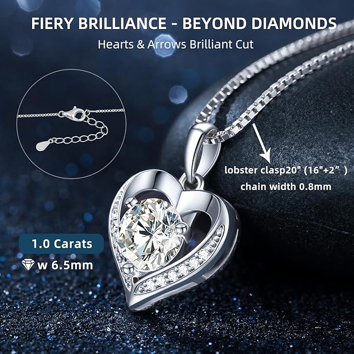 Moissanite Necklace for Women 1.0ct D Color, Sterling Silver Heart Necklace, Anniversary Gifts for Women, Making It A Perfect Gift for Your Wife, Girlfriend Mom