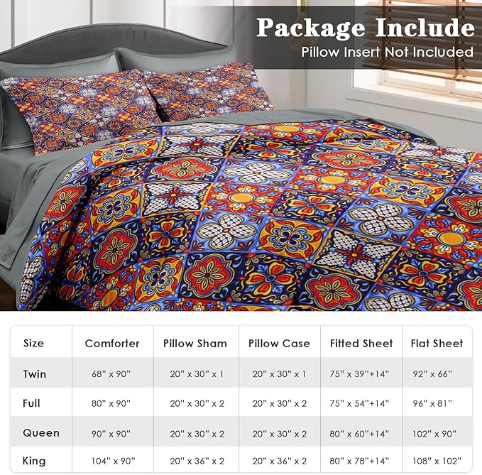 Comforter Set Full Size, Mexican Talavera Ceramic 7 Pcs Bedding for Kids and Adults, Italian Spanish Bed Sheet Sets with Fitted Sheet 2 Pillowcases & 2 Shams for Bedroom Bed Decor