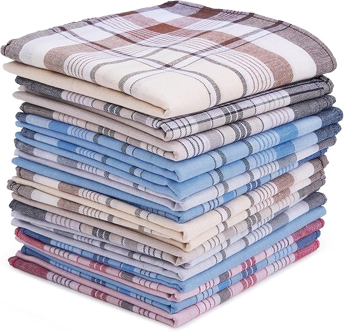 16 Pcs Mens Handkerchiefs, Neat Stitching Cotton Handkerchiefs for Men with Picked Color & Pattern, Absorbent & Breathable, 16 Inch