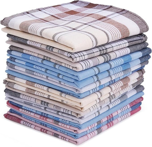 16 Pcs Mens Handkerchiefs, Neat Stitching Cotton Handkerchiefs for Men with Picked Color & Pattern, Absorbent & Breathable, 16 Inch