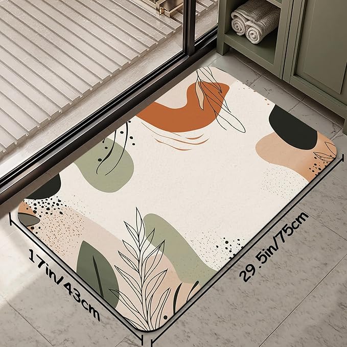 Abstract Boho Lines Leaf Fast Drying Absorbent Bathroom Mat, Non-Slip Rubber Backing Thin Low-Profile Bath Rug, Easy-Clean Bathroom Floor Mat for Shower, Bathtub, Kitchen, or Entryway