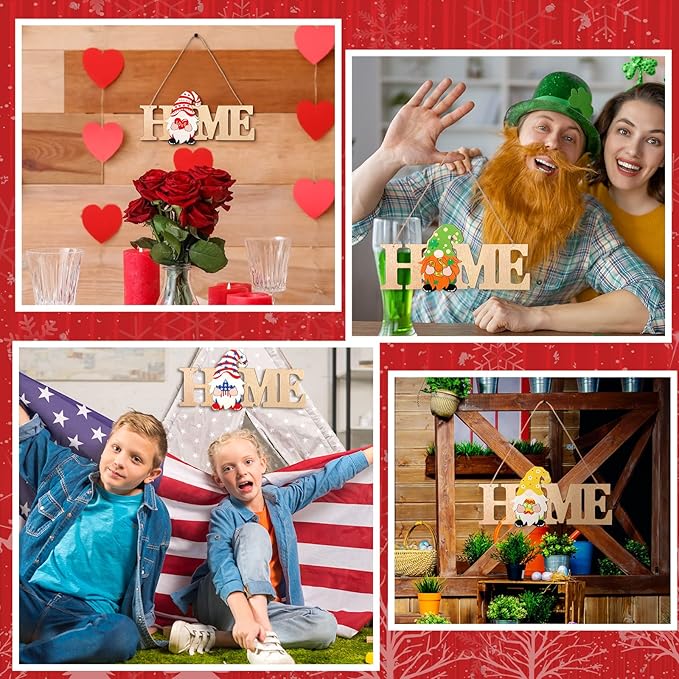 Yookeer 13 Pcs Interchangeable Gnome Home Sign Wood 3D Christmas Winter Seasonal Door Decor Rustic Farmhouse Home Decoration for Holiday Wall Decor Gift(Wood Color)