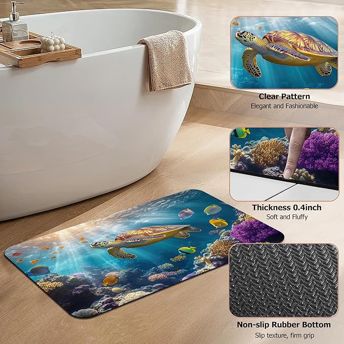 Diatomaceous Earth Bath Mat,Sea Turtle Bath Rugs,Fish Coral Colorful Non-Slip Thin Absorbent Fast Drying Easy to Clean for Bathroom Laundry Home Kitchen Door Mat 17x29.5Inch