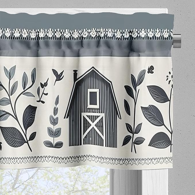 Ambesonne Farmhouse Valance & Tier Curtain 3 pcs Set, Classic Folk Style Barn Flowers Leaves and Roosters in Muted Colors, Window Treatments for Kitchen Room Decor, 55" x 36", Blue Grey and Off White