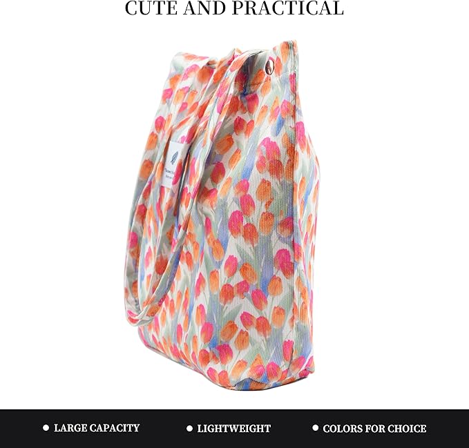 Corduroy Tote Bag Cute Tote Bags for Women Shoulder Bag with Inner Pocket for Work Beach Travel and Shopping Grocery
