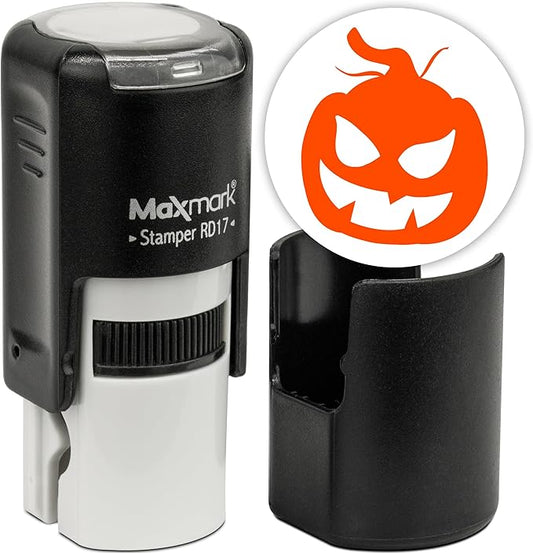 MaxMark Round Self Inking Halloween Stamp - Pumpkin - Orange Ink