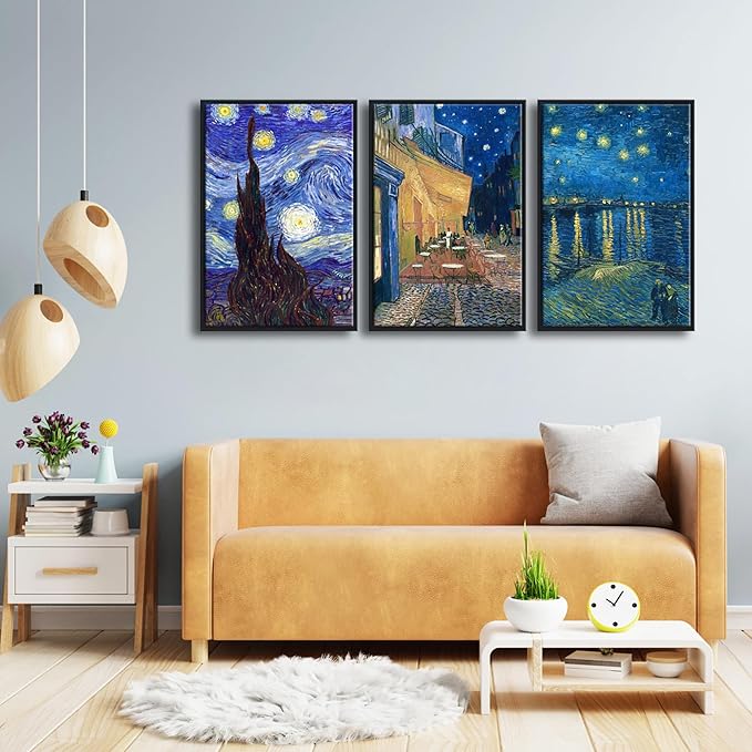 Wieco Art Black Framed 3 Panels Canvas Prints of Vincent Van Gogh Paintings Reproduction Starry Night Over the Rhone Cafe Terrace at Night Canvas Wall Art for Home Office Decor