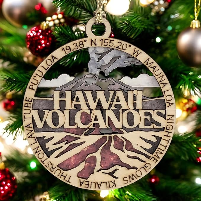 Hawaii Volcanoes National Park Ornament - Handmade Wood Laser Cut Christmas Decoration, Erupting Volcano Scene