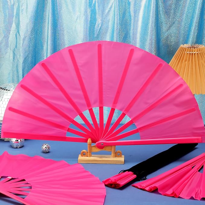 Blulu 4 Pcs 13 Inch Large Folding Hand Fans for Line Dancing Big Clapping Popping Raves Fans Bulk for Dancing Boots on The Ground Festival Party Decoration(Classic Style, Rose Red)