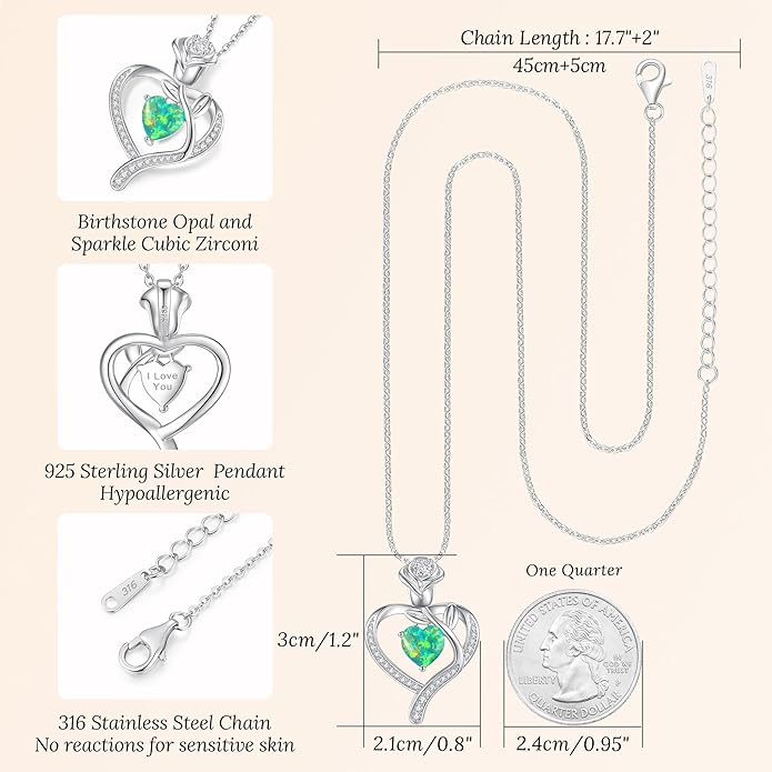 LOUISA SECRET Rose Flower Heart Birthstone Necklaces for Women, 925 Sterling Silver Fine Jewelry, Pendant Heart Necklaces Birthday Anniversary Christmas Gift for Women Wife Mom Girlfriend Lady