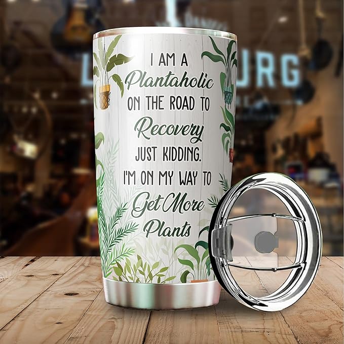 Plant Lover Stainless Steel Tumbler, 20 oz, Insulated, with Sliding Lid - Gifts for Gardeners, Plantaholic, Cactus Coffee Cup, Holiday Theme