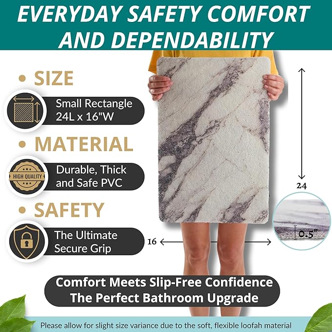 ENKOSI Loofah Non-Slip Shower and Bath Mat - Soft Cushioned Comfort - No Suction Cups for Smooth or Textured Tubs - Fast Draining - Safety for Bathroom, Family, and Elderly (24x16 Marble Grey)
