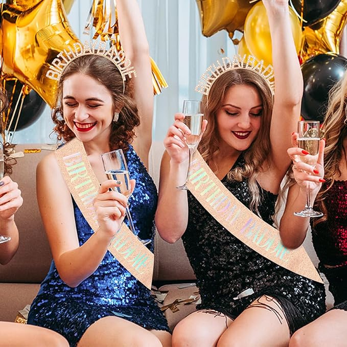 Aprince Birthday Baddie Sash and Tiara Crown for Women Girls Rose Gold Happy Birthday Headband Accessiores Party Decorations