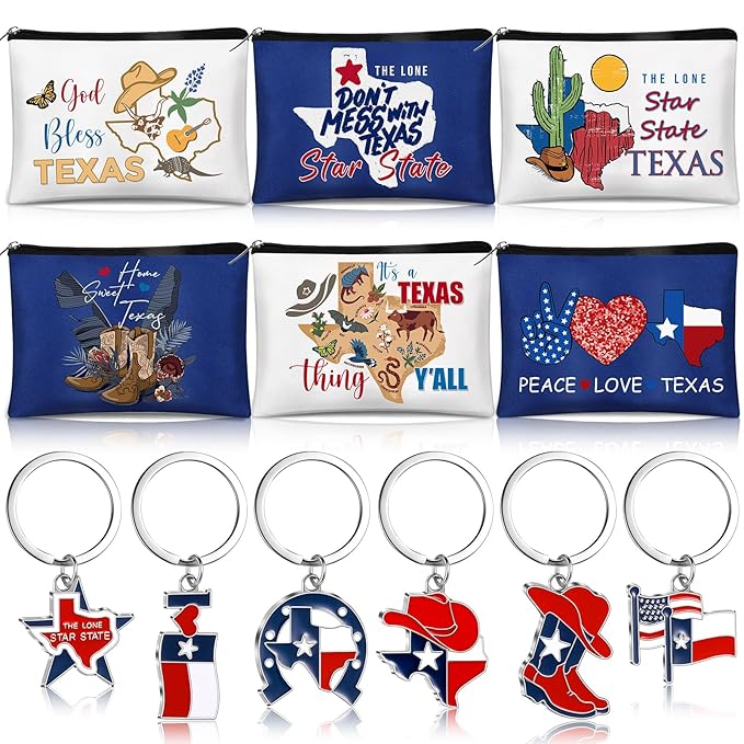 Landical 6 Sets Texas Souvenir Gifts Include 6 Pcs Texas Cosmetic Bag and 6 Pcs Metal Keychain for Women Traveler Christmas Party Gifts