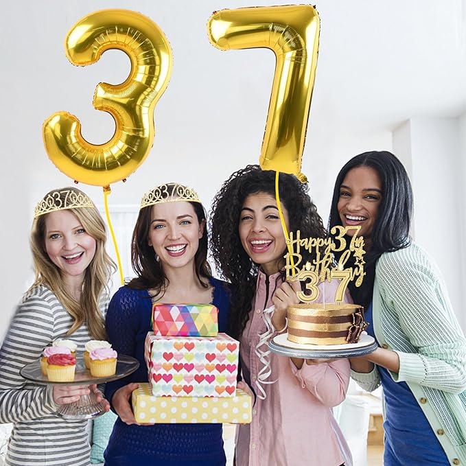 37th Birthday Decorations for Women Gold with 37th Birthday Sash and Tiara, Cake Topper and Candles, Number Balloons, 37 Year Old Gifts for Women