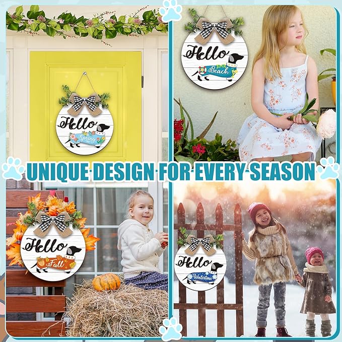 Glenmal 16 Pcs Seasonal Dachshund Door Decor for All Season and Holiday Hanging Cute Christmas Dachshund Welcome Sign Rustic Wooden Farmhouse Front Door Signs Outdoor(White)