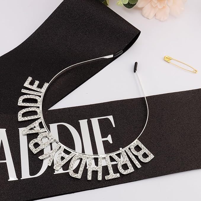 Canitor Birthday Baddie Sash Crown Set Birthday Gifts Party Favors Supplies Decorations & Accessories for Women Girl Adult Outfits Rhinestone Tiara Headband Soft Satin Sash