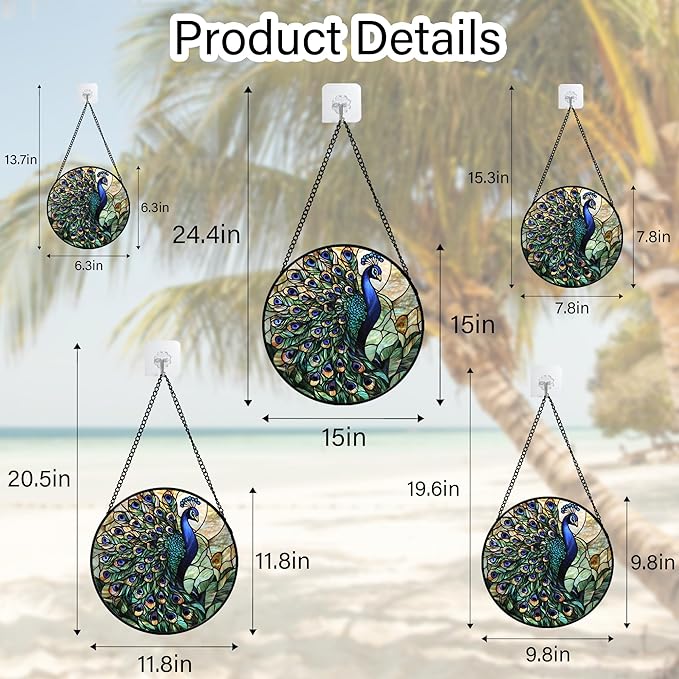 Stained Glass Window Hanging, Turquoise Peacock Sun Catcher for Door Home Decor Blue Green Suncatcher Christmas Mother's Day Birthday Gifts for Women Men Mom and Nana 7.8 in