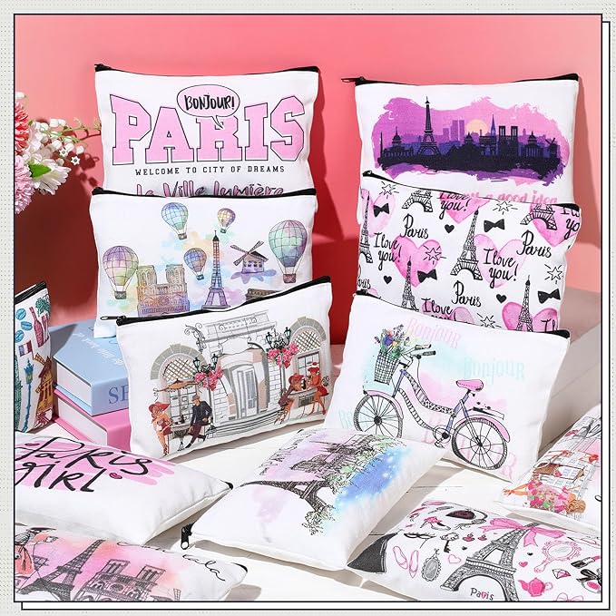 Reginary 12 Pcs City Souvenir Gifts Texas State Gifts Chicago City Souvenirs California Makeup Bag Paris San Francisco Alaska Zippered Cosmetic Bag for Women Traveler Souvenirs(Paris)