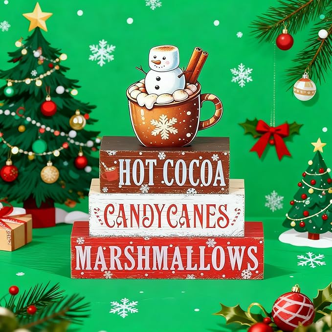 4 Pieces Christmas Hot Cocoa Wooden Table Decorations, Rustic Wooden Blocks and Cocoa Sign for Tiered Tray, Tabletop Centerpieces, Desk, Kitchen, Shelf Decor, Holiday Gift Idea