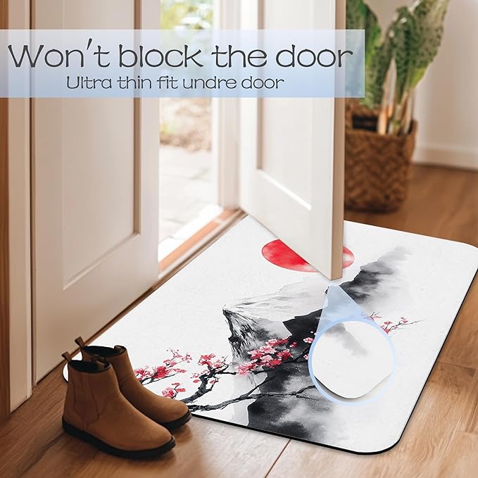 Japan Fuji Mountain Bath Mat 29.5"x17", Cherry Slim Low-Profile Fast Drying Super Absorbent Bathroom Rug with Non-Slip Backing, Easy-Clean Modern Floor Mat for Tub, Shower, or Entryway