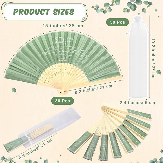 Menkxi 30 Pcs Silk Fabric Folding Fans Bulk for Wedding Guests Thank You Bamboo Folded Hand Fan for Bridal Shower Decoration Favor Vintage Handheld Fans Souvenirs with Organza Bag (Sage,Classic)