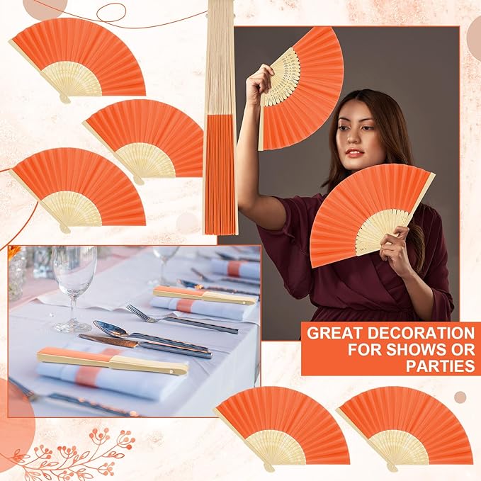 Yinkin 24 Pack Folding Fans Bamboo Handheld Folded Craft Hand Japanese Chinese Fans for Weddings Bridal Dancing Church DIY Decoration Women Gift Party Favors (Orange)