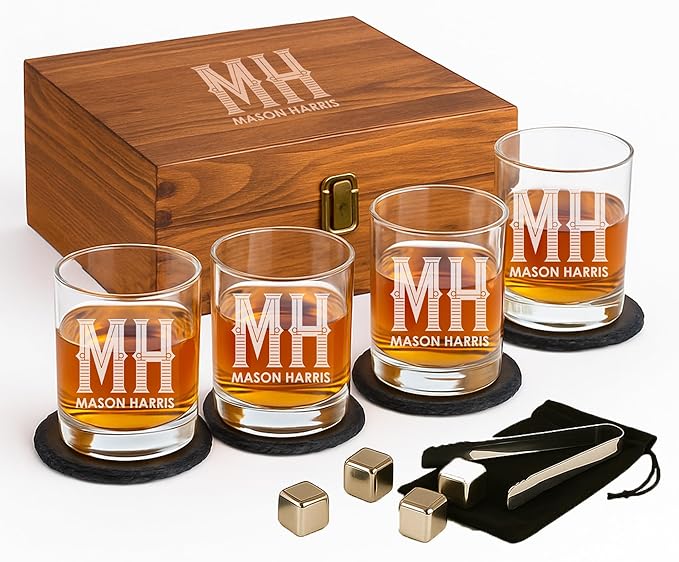 Froolu Personalized Scotch Whiskey Glasses Set - Premium Customizable Monogram Designs