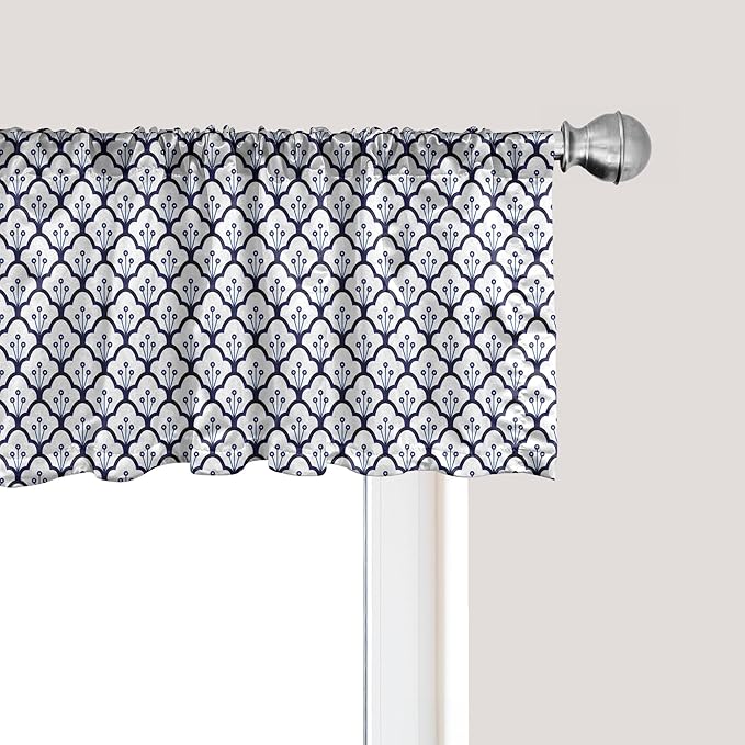 Ambesonne Dutch Window Valance, Blue Toned Traditional Delftware Pattern Abstract Ornamental Floral Scales, Curtain Valance for Kitchen Bedroom Decor with Rod Pocket, 54" X 12", Indigo and White