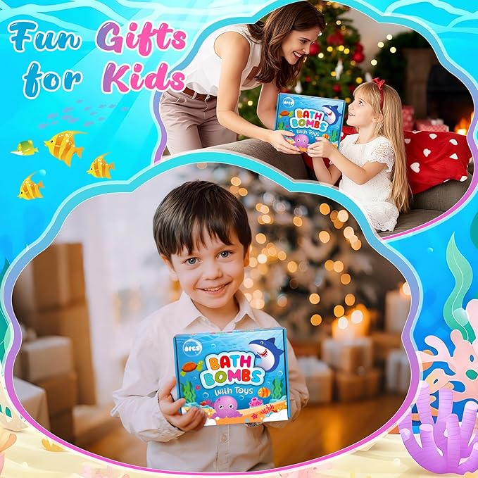 Sea Animal Bath Bombs for Kids with Surprise Inside, 8PCS Organic Essential Oil Shark Octopus Turtle Fish Bubble Bath Bombs for Kids，Birthday Gift for 3-8 Boys,Girls Ocean Party