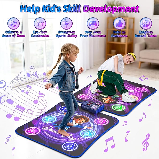 Dance Mat Toys for 3-12 Year Old Kids,Kids Dance Mat with Light Up 12-Buttons & 5 Game Modes,Double Player Dance Pad for Girls Boys, Birthday Xmas Gifts for 3 4 5 6 7 8 9 10+ Year Old Girls Boys