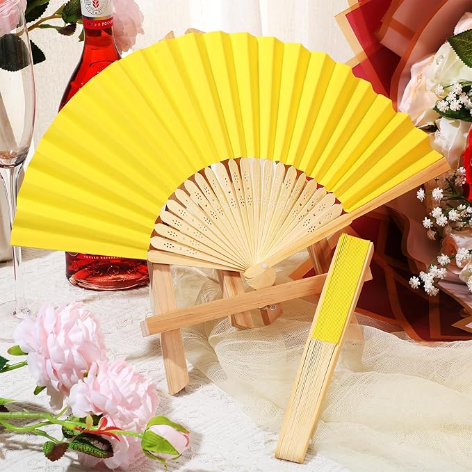 Yinkin 24 Pack Folding Fans Bamboo Handheld Folded Craft Hand Japanese Chinese Fans for Weddings Bridal Dancing Church DIY Decoration Women Gift Party Favors (Lemon Yellow)