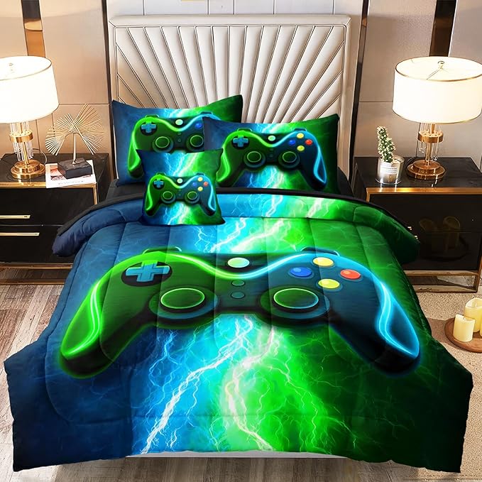 Twin Gamer Bedding Sets for Boys Teen, 4 Pcs Gaming Twin Comforter Set for Boys, Kids Twin Bedding Set for All Season