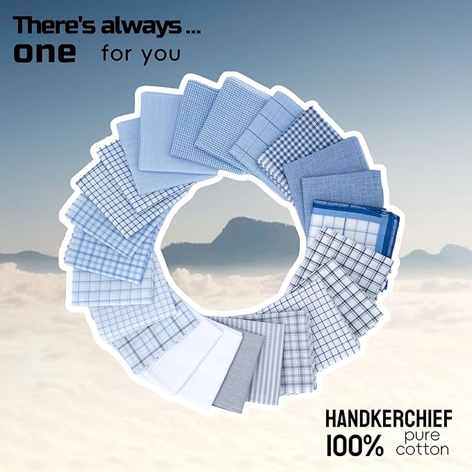 Gifts Cotton Handkerchiefs 100% Soft Cotton 12-Pack White handkerchif and Blue cotton handkerchief for Men and Women