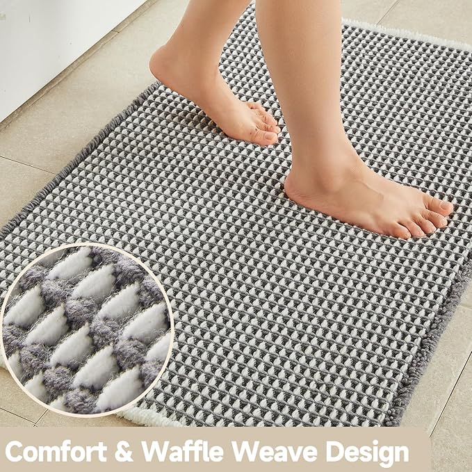 Waffle Bath Mat, Boho Bathroom Rugs Non Slip Washable Super Absorbent Quick Dry Bath Mat Farmhouse Bathroom Decor, 24"x16" Grey and White